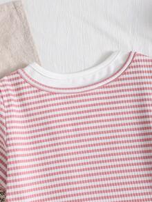 1件女童条纹双领荷叶边T恤 - 淺粉色 - 查看 7