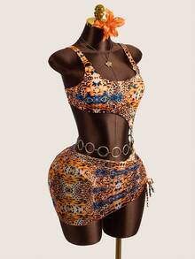 Zestiva Bộ đồ bơi 2 mảnh dành cho nữ, áo tắm liền thân cổ chữ V sâu, bất đối xứng, kèm váy quấn có dây rút có thể tháo rời, thích hợp cho mùa hè. - Nhiều màu - Xem 5