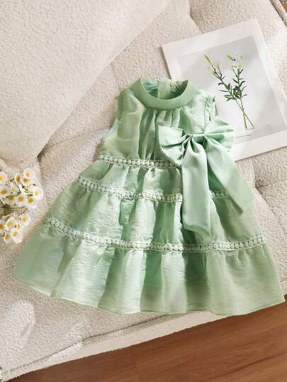 SHEIN 女婴优雅派对蝴蝶结装饰无袖连衣裙