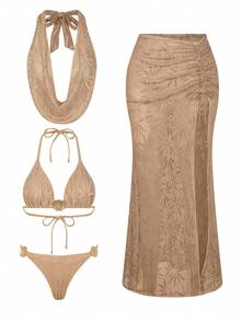 Swim Oasis Bộ bikini cao cấp, thanh lịch, thời trang kèm váy sarong che phủ đi biển, thích hợp cho mùa xuân/hè. - Màu Khaki - Xem 4