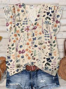EMERY ROSE Plus Size Women V-Neck Floral Print Casual Blouse, Suitable For Summer Outings - Red - View 1