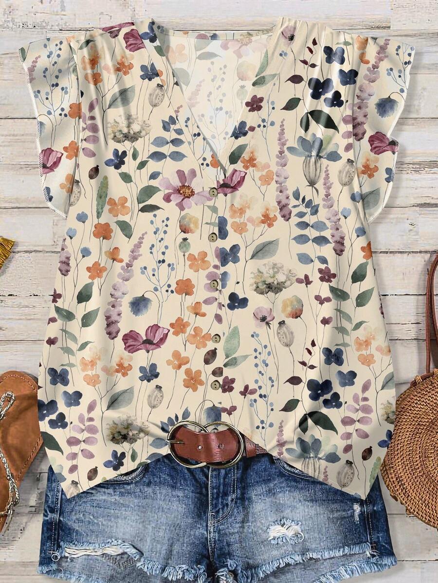 EMERY ROSE Plus Size Women V-Neck Floral Print Casual Blouse, Suitable For Summer Outings - Red - View 1