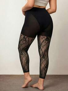 Enliva Plus Size Women Lace Sexy Versatile Date Night Footless Tights, For Apple And Rounded Body Shape - Black - View 5