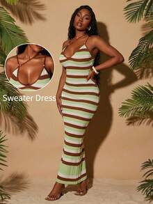 Radiana 大码女装春夏时尚休闲度假不对称吊带针织钩编交叉条纹波西米亚风连衣裙，适合日常穿着、音乐节、科切拉音乐节、波西米亚风、郊游、度假、海滩度假、假日、海边、西部风、演唱会、狂欢节派对、层次丰富的穿搭、约会之夜、伊比沙岛、纳什维尔、休闲时光、简约时尚、俱乐部、可爱休闲、购物、街头风、外出等场合，易于搭配，显瘦，凸显身材，修饰身形 - 彩色 - 查看 3