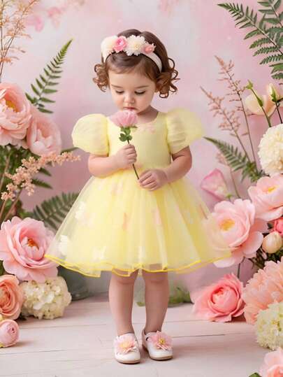 SHEIN Glamorique Kids Flower Girl Birthday Party Wedding Occasion Dress With Detachable Big Bow, Baby Girls' Yellow Petal Sleeve Chiffon Dress, Yellow Mesh Princess Dress With 3D Floral, Middle East Style, Lightweight For Summer, Beach, Tropical Vacation