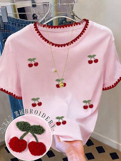 Resyla Áo thun nữ thời trang thường ngày cổ tròn vai rớt thêu họa tiết vỏ sò, áo thun thêu hoa anh đào, áo thun thêu họa tiết khăn hoa anh đào, áo thun thoải mái mặc ngoài trời, áo thun mặc được cả bốn mùa, áo thun họa tiết trái cây.