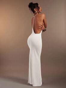 Hauture Women's Solid Color Halter Backless Split Design Elegant Waist Fit Cocktail Party Dress - Ivory White - View 6