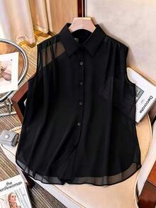 GlowEve CURVE Áo kiểu nữ cỡ lớn chất liệu chiffon dệt, cổ bẻ, không tay, dáng rộng, thanh lịch, thích hợp mặc hàng ngày, mùa xuân/hè. - màu đen - Xem 1