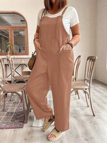 Breezaya Plus Size Women Solid Color Pocket Casual Everyday Wear Bib Overall Pants - Pink - View 1