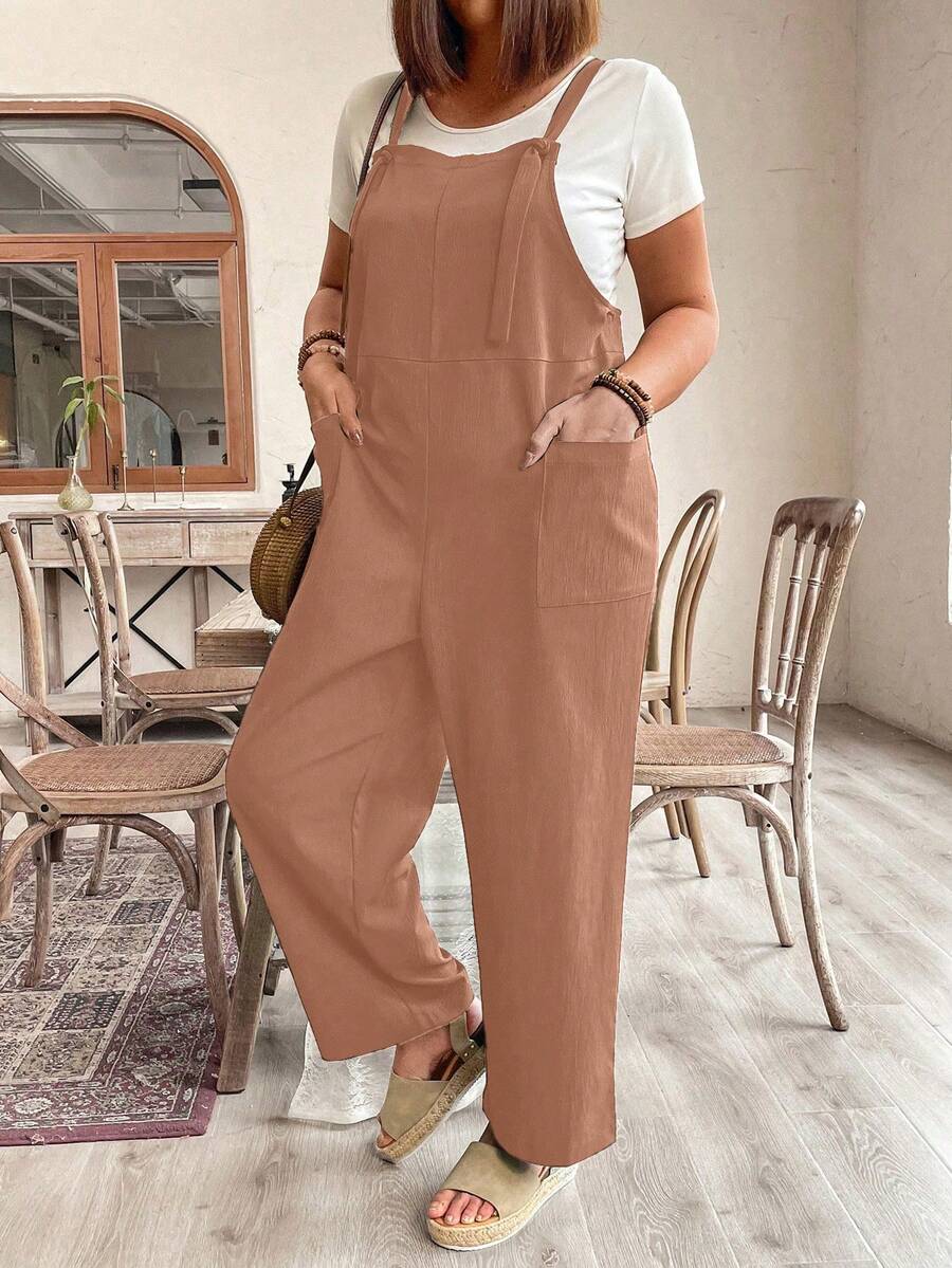 Breezaya Plus Size Women Solid Color Pocket Casual Everyday Wear Bib Overall Pants - Pink - View 1