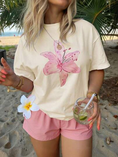 EMERY ROSE Bộ đồ nữ cỡ lớn, áo tay ngắn dáng rộng, quần short hồng, họa tiết hoa ly, sản phẩm bán chạy nhất mùa hè.