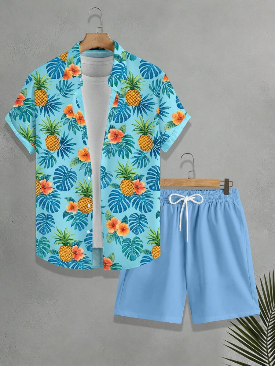 VIVINTIMO Bộ áo sơ mi ngắn tay và quần short in họa tiết hoa và dứa dành cho nam, trang phục thường ngày phù hợp cho kỳ nghỉ biển, hẹn hò, hoặc kỳ nghỉ ở Hawaii. - trắng - Xem 1
