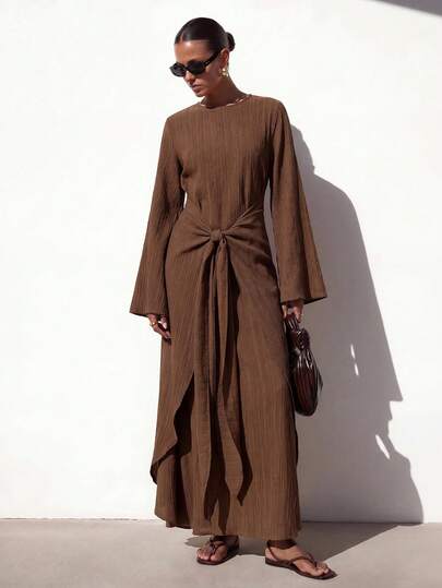 Zivah 20  Autumn/Winter New Music Festival, Easter, St. Patrick's Day, Western, Nomadic Style Casual Elegant Commute Party Round Neck Long Flare Sleeve Knotted WWomen Autumn Dress Wrap Around Dresses For Ladies Jesus Working Dress For Women Worship Dress Brown Wow Dress