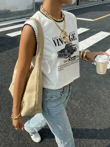 Muchica 女士休闲复古汽车印花刺绣贝壳圆领无袖背心，适合夏季、度假、日常通勤、约会、派对、秋冬季、圣诞节、新年、感恩节、派对、婚礼、海滩、毕业典礼、时尚、优雅、休闲、外出、约会、预订、通勤、闪亮、情人节、优雅、度假、休闲、Y2K、外出、毕业典礼 - 白色 - 查看 3