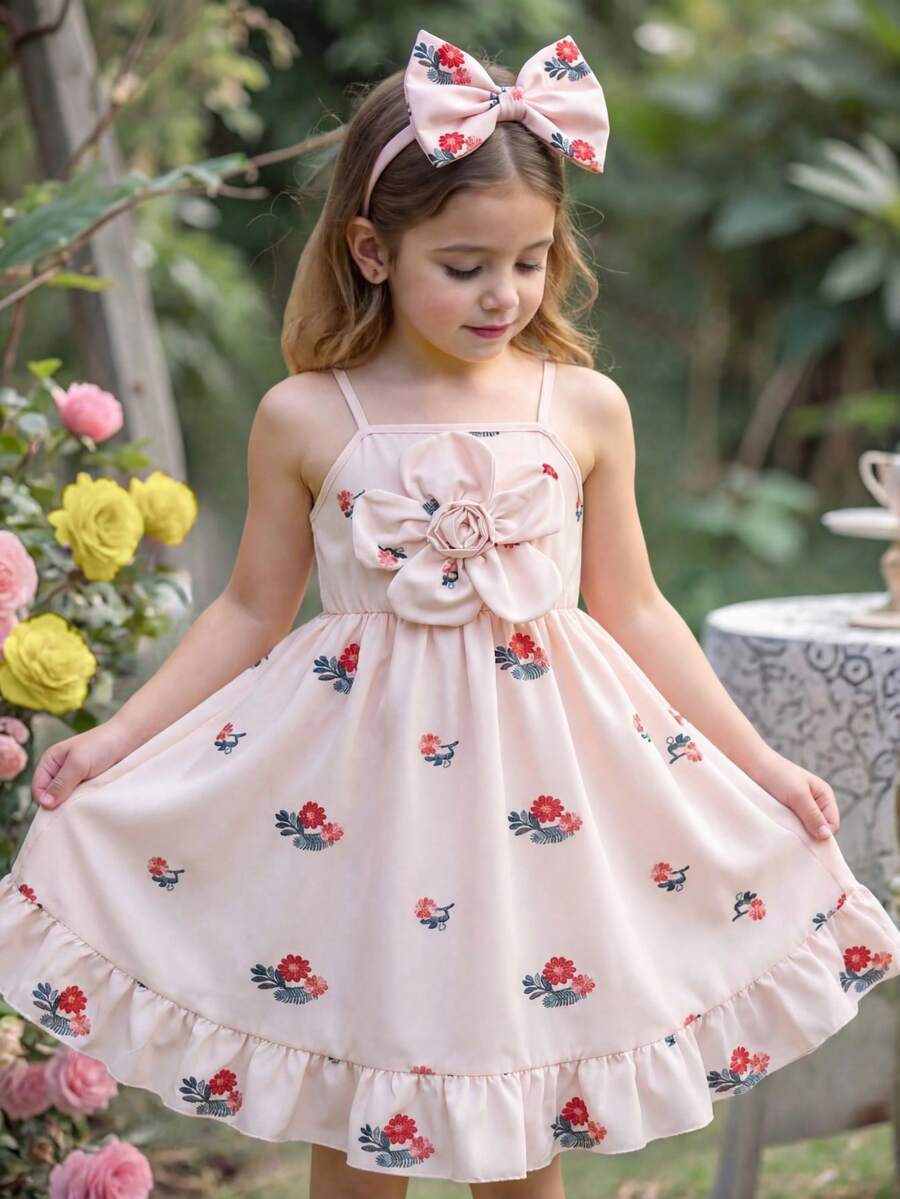 SHEIN Vintaside Kids 法式甜美风女童粉色无袖吊带连衣裙,正面3D立体花朵设计,搭配清新红色印花,荷叶边腰部A字裙摆。适合日常穿着、生日派对、郊游、家庭活动、夏季海滩度假等场合。 - 杏色 - 查看 1