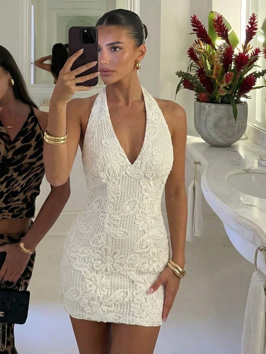 Firerie Women's Spring/Summer New Ivory Knit Embroidered Romantic V-Neck Textured Backless Halter Mini Dress, Elegant Date Night Outfit,Summer Dresses For Women