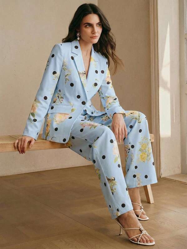 Anewsta Áo blazer nữ cao cấp, thời trang, họa tiết chấm bi hoa, dáng ôm eo, thích hợp cho đi chơi, dự tiệc và các dịp trang trọng.