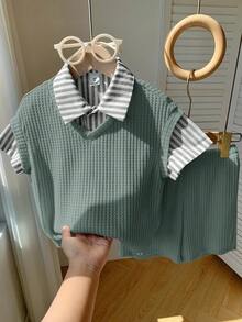 SHEIN 男童休闲校服三件套，包括背心、条纹衬衫和短裤，适合生日派对、晚宴、演出、婚礼、学校活动、洗礼、一周岁生日庆祝、迎婴派对等场合，春夏秋季皆宜。 - 綠色 - 查看 4