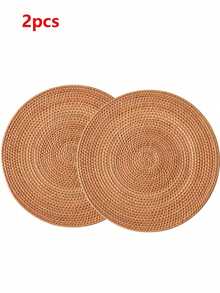 2 PIEZAS Alfombrilla de comedor de ratán hecha a mano, posavasos de té circular simple japonés de color marrón, resistente al calor y aislante, adecuado para mesas de comedor y mesas de café - Marrón - Ver 10