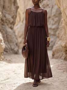 Zivah Summer New Casual Basic Vacation Beach Chiffon Spaghetti Strap Dress - Apricot - Brown - View 7