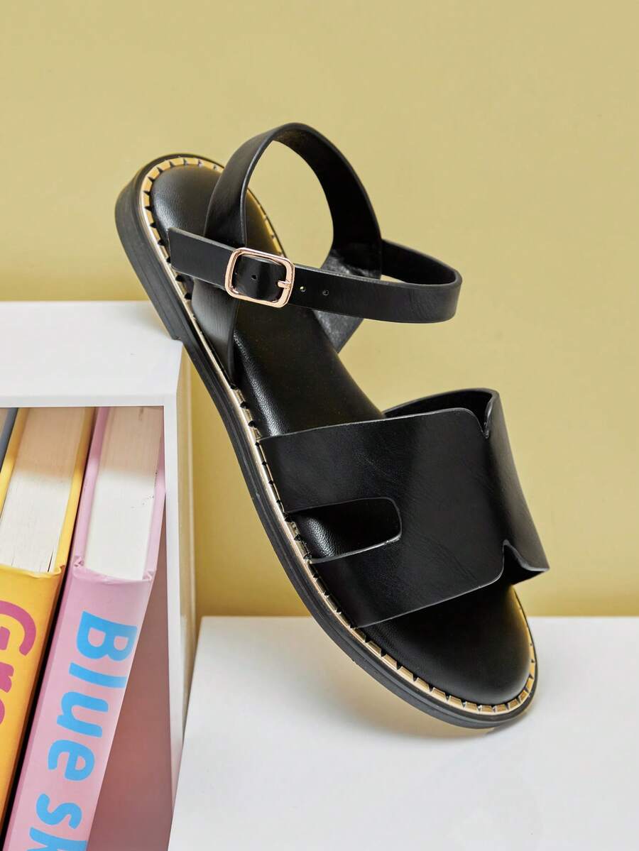 Mini mi Sandal đế bằng màu đen bằng da PU cao cấp cho bé gái, kiểu dáng hở gót, quai ngang mắt cá chân – Đế ngoài viền vàng, lót trong thoải mái, kiểu dáng thời trang và tiện dụng hàng ngày. - màu đen - Xem 1