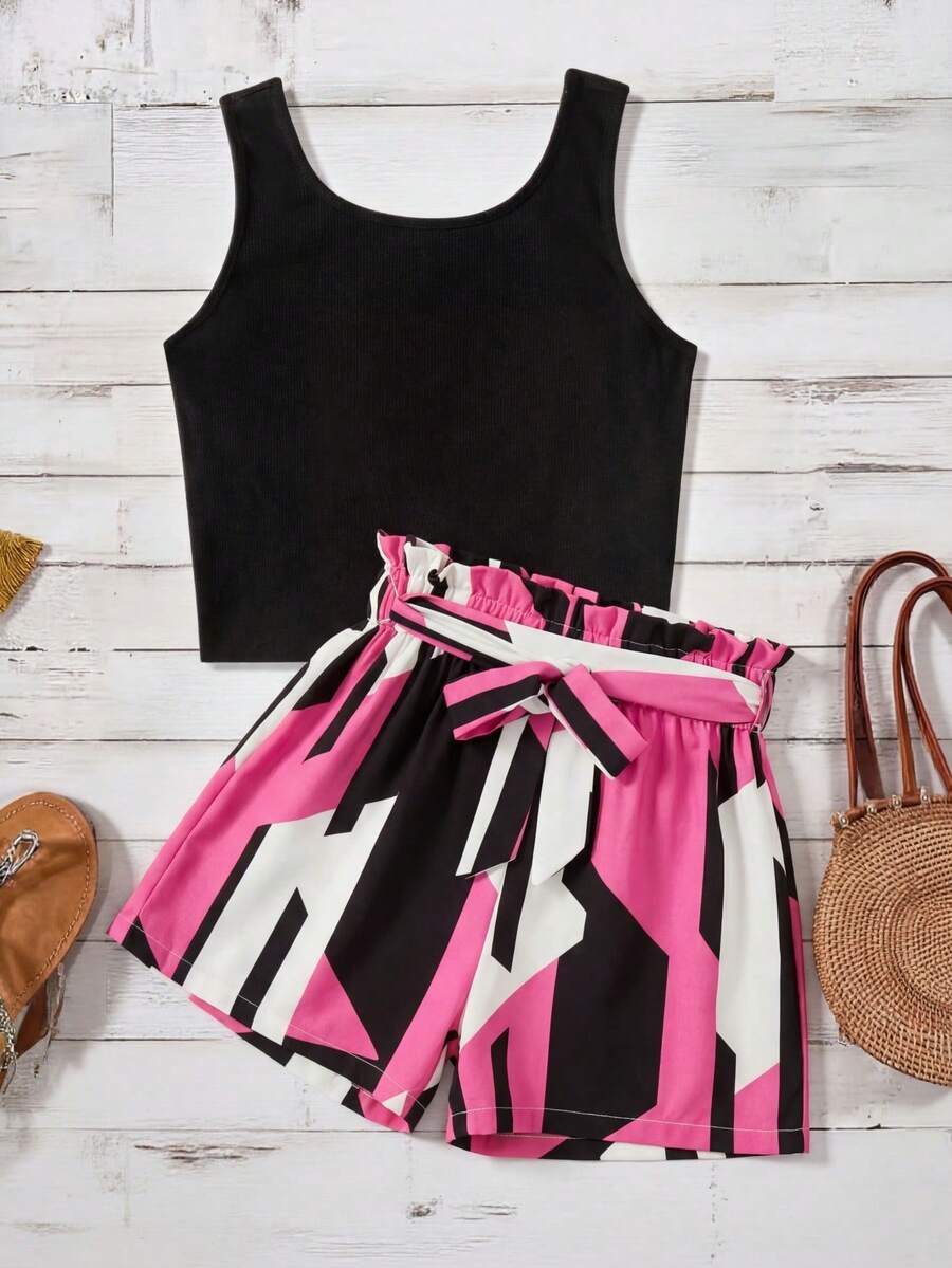 Bộ đồ 2 món cho bé gái tuổi teen: Áo tank top đen và quần short cạp chun họa tiết da báo. - Nhiều màu - Xem 1