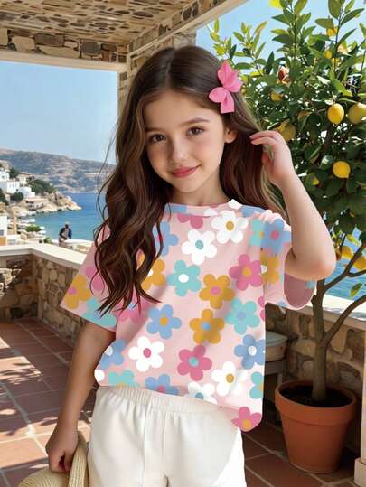 Áo thun ngắn tay cổ tròn in hoa cho bé gái, thích hợp cho mùa xuân/hè, nhẹ nhàng và thoải mái, thích hợp cho các hoạt động gia đình, phong cách tối giản thường ngày, đồ dùng cần thiết cho mùa tựu trường.