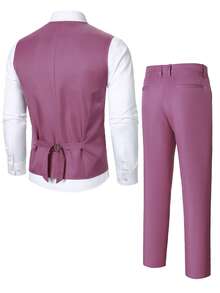 Manfinity Mode Men's Front Button Waistcoat And Pants Business Suit Set, Formal - Hot Pink - View 2