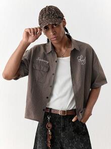 SWAVVY Men's Casual Plaid Letter Embroidery Short Sleeve Shirt, Summer - Brown - View 6
