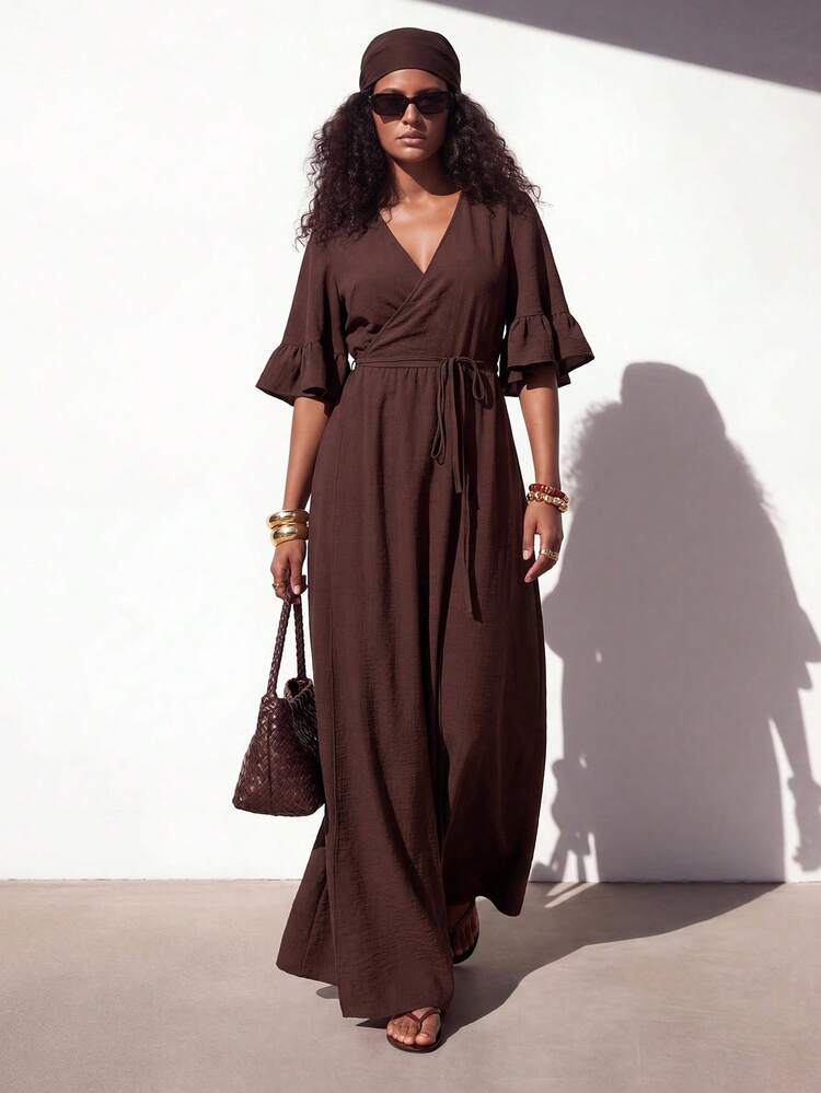 Zivah Women's Dark Brown V-Neck Ruffle Sleeve Tie Waist Elegant Conservative Maxi Wrap Dress Summer Tropical Vacation Holiday Boho Style Wedding Guest Party