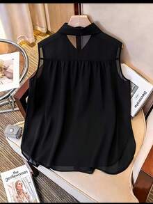 GlowEve CURVE Áo kiểu nữ cỡ lớn chất liệu chiffon dệt, cổ bẻ, không tay, dáng rộng, thanh lịch, thích hợp mặc hàng ngày, mùa xuân/hè. - màu đen - Xem 2