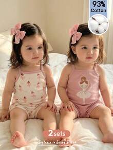 Cozy Pixies 4件套女婴卡通图案针织柔软吊带背心和松紧腰短裤套装 - 彩色 - 查看 2