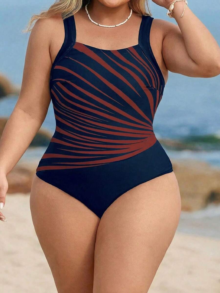 Swim Lushoire Plus Size Women's One-Piece Swimsuit, Basic Minimalist Vacation Sports Style, Slimming Color Block Print - Burgundy - View 1