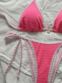 Swim Mod 女士夏季沙滩拼接露背系带性感比基尼和三角泳裤套装 - 彩色 - 查看 4