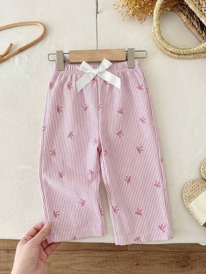 SHEIN Baby Girls' Cute Minimalist Bow Striped Print Casual Pants, Suitable For Outdoor Spring/Autumn