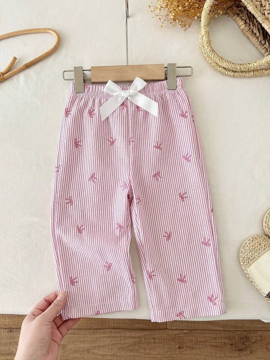 Baby Girls' Cute Minimalist Bow Striped Print Casual Pants, Suitable For Outdoor Spring/Autumn - Pink - View 1