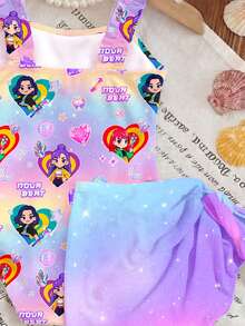 少女休闲多彩紫色K-Pop超级明星卡通女团图案连体泳衣，适合夏季穿着 - 彩色 - 查看 4
