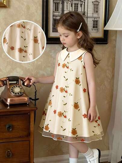 Young Girls' Casual Elegant Floral Embroidered Mesh Sleeveless Dress, Apricot Color, Suitable For Young GirlGraceful And Dignified Occasions Like School, Vacation, Photography, Family Gathering, Art Exhibition, Lightweight And Comfortable Fabric