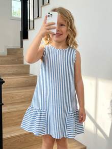 Young Girl Woven Striped Round Neck Sleeveless Casual Dress, Striped Dress For Girls Casual Dress For Kids Young Girls Dresses Sleeveless Ruffle Dress Kids Striped Dress Striped Dress Kids Girls Summer Dress Kids Casual Dress Cotton Girls Dress Dresses For Kids Sleeveless Dress For Kids Sunday Dress For Kids Summer Dresses For Kids Stripe Dress For Kids Kids A-Line Dress Girls Stripe Dress Young Girl Dresses - Blue and White - View 1