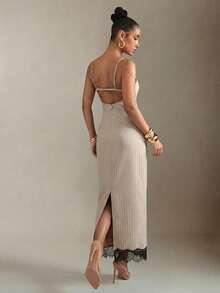 SHEIN Haute Lace Insert & Hem Open Back Pinstripe Cami Midi Dress - Light Grey - View 5