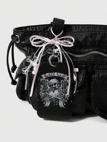 ROMWE Kawaii 2款全新Y2K甜美酷炫个性化复古暗黑风哥特手工串珠白色仿珍珠黑色树脂圆珠粉色流苏蝴蝶结亮钻镂空十字架黑色骷髅头骨印章心形恶魔翅膀印花亚克力滑动卡套校园卡套星空卡套，旅行交通卡套，身份证卡套DIY钥匙扣配件包包挂件，组合套装，适合上班族、学生、派对、追星族、情侣、姐妹、日常佩戴、节日礼物 - 黑色 - 查看 5