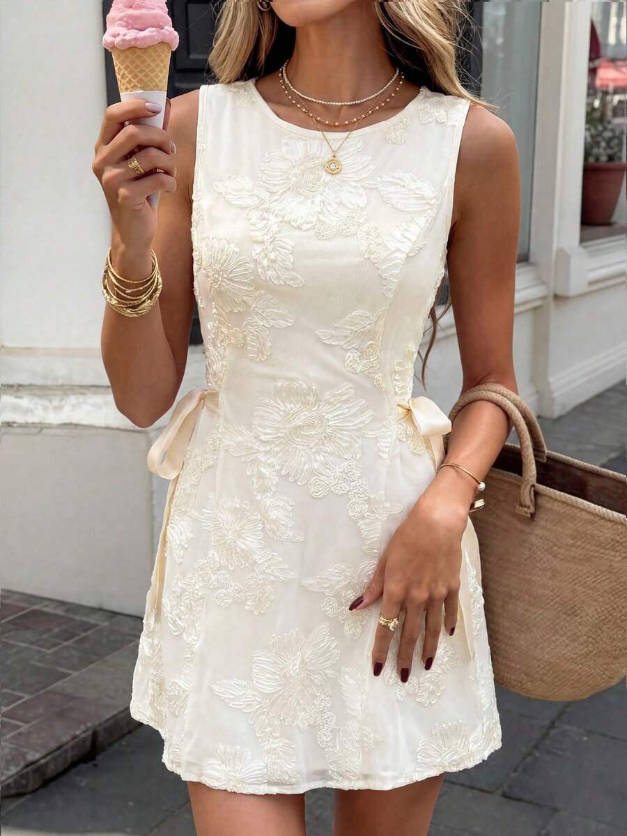 Women's Elegant 3D Floral Tie Sleeveless Midi Dress, Summer ,Summer,Spring, Party , Wedding , Elegant Dresses For Women ,Casual,Vacation,Formal,Business,Flower,White ,Yellow,Summer Dresses For Women - Apricot - View 1