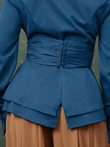 Vixey 棕色裹身式收腰双层荷叶边下摆纽扣领办公衬衫 - 藍色 - 查看 5