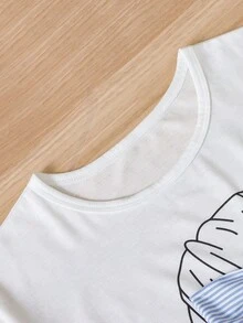 SHEIN Genkimix Kids Girls' Casual Round Neck Short Sleeve T-Shirt With Bowknot Decor & Portrait Graphic + Striped Button Decor Long Skirt Set, Summer - White - View 3