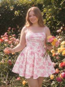 SHEIN MOD 大码女式花卉印花荷叶边下摆吊带裙 - 彩色 - 查看 5