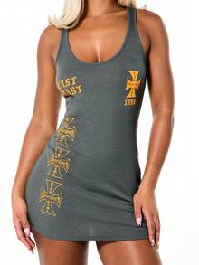 SUMWON WOMEN Ribbed Tank Mini Dress With Gothic Cross Print Yellow Lettering Scoop Neck Bodycon Fit Street Style Fashion - Grey - View 4