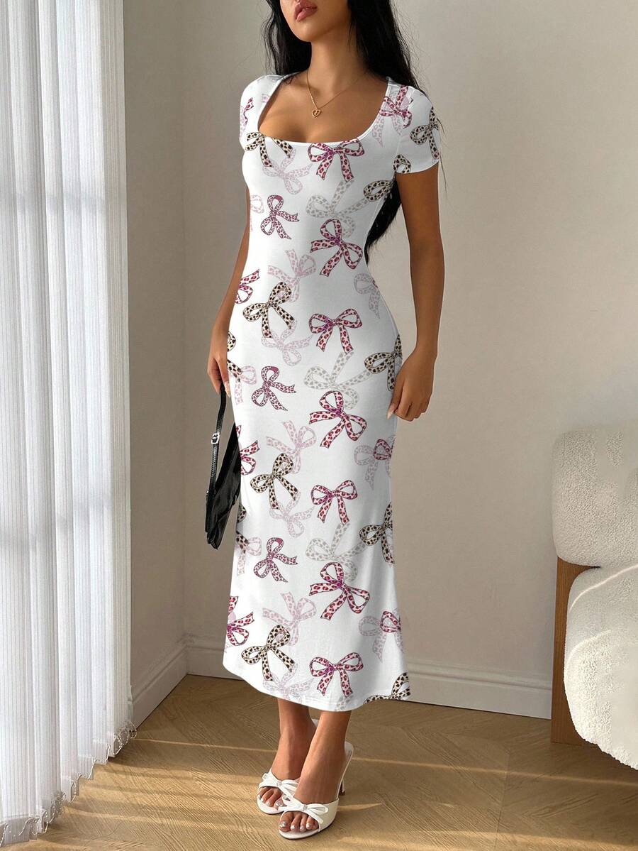 Feyla 夏季方领美人鱼荷叶边下摆修身连衣裙 - 彩色 - 查看 1