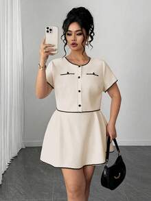 Elenzga Plus Size Summer Elegant Commuter Color Block Trim Shirt And Skirt 2 Pieces Set - Apricot - View 3