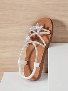 Mini mi #ButterflyBloom Girls' Rhinestone Butterfly Elastic White Strap White Multi-Strap Sandals – Glittering Elegance, Easy To Wear & Comfy Fit. - White - View 7