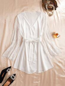 SHEIN Women's Elegant Solid Color Lace Patchwork Sleepwear Robe - White - View 1